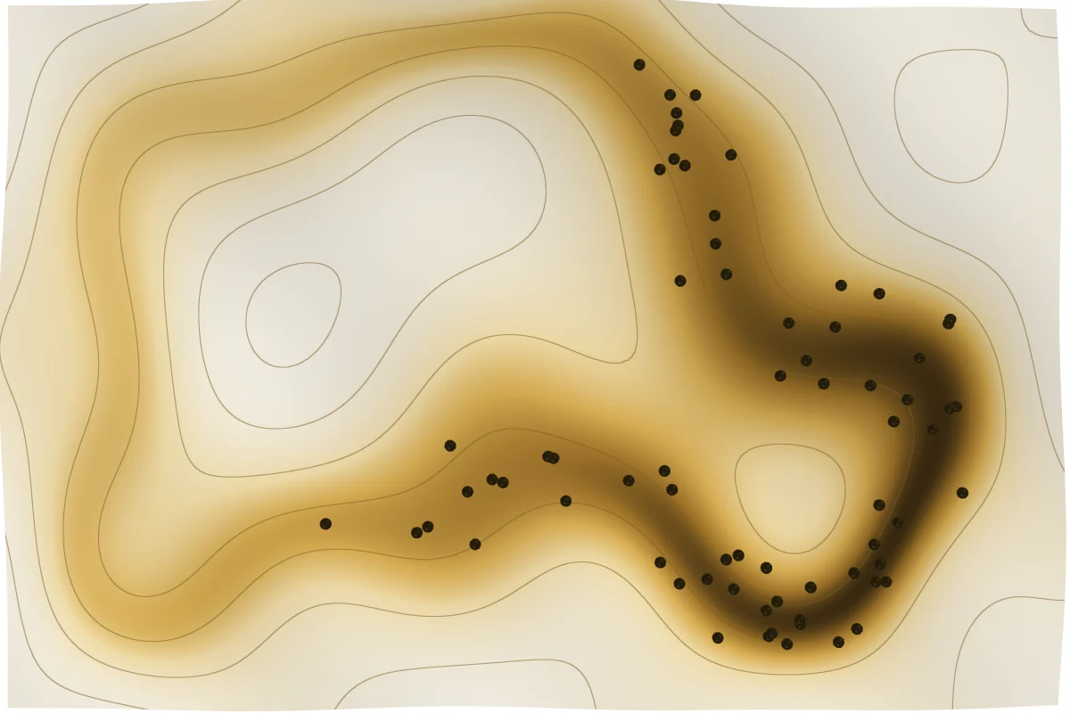 Mapa de idoneidad visto desde arriba, con los registros de presencia.