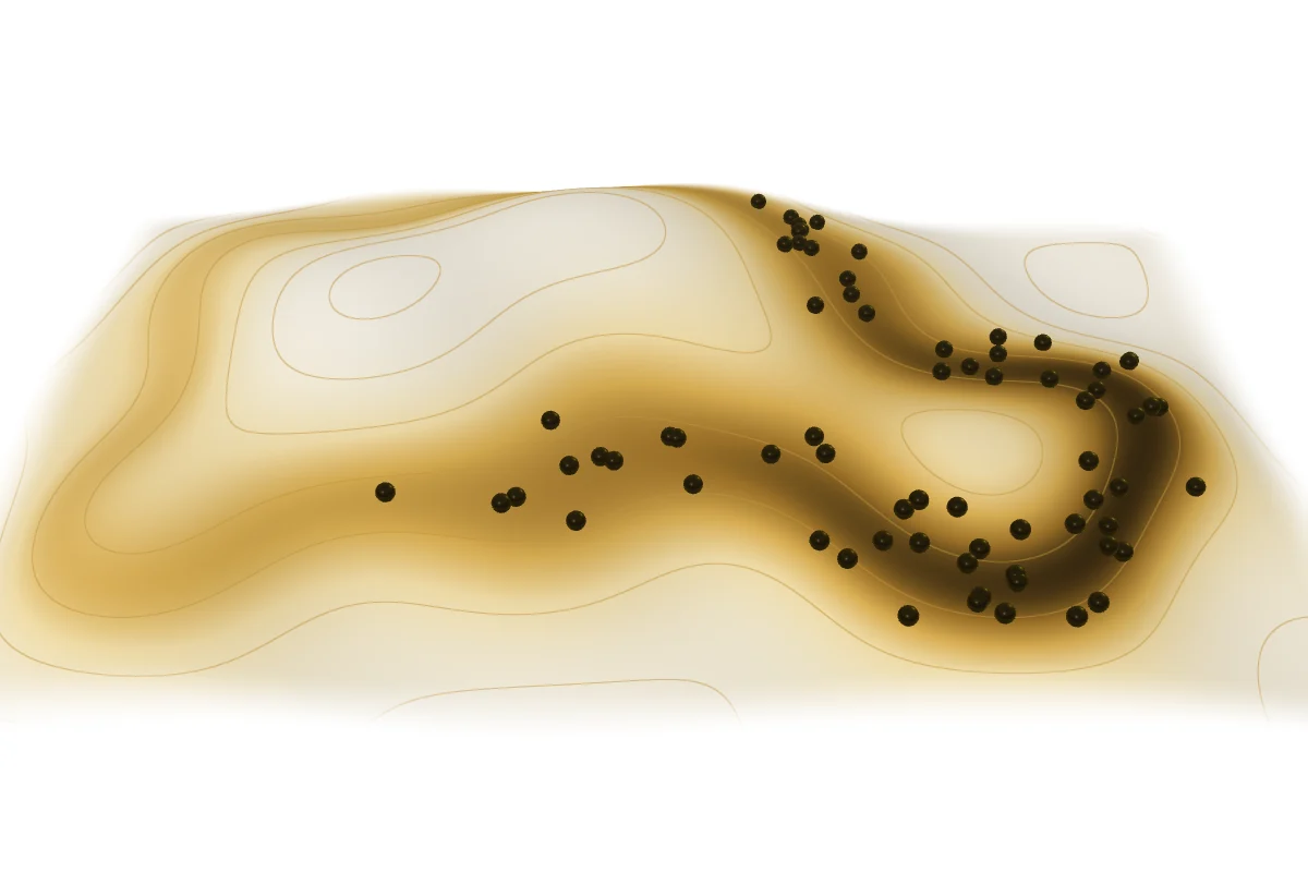 Terreno en relieve coloreado como mapa de idoneidad, con curvas de nivel y registros sobre las zonas más verdes.